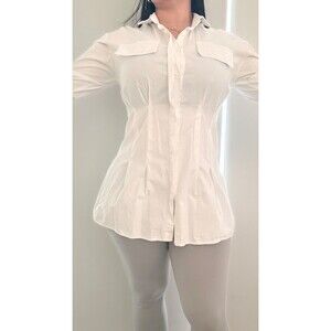 Yu & Me Paris White Fitted Button Up Blouse Flare Cuff Flap Pockets Sz M
